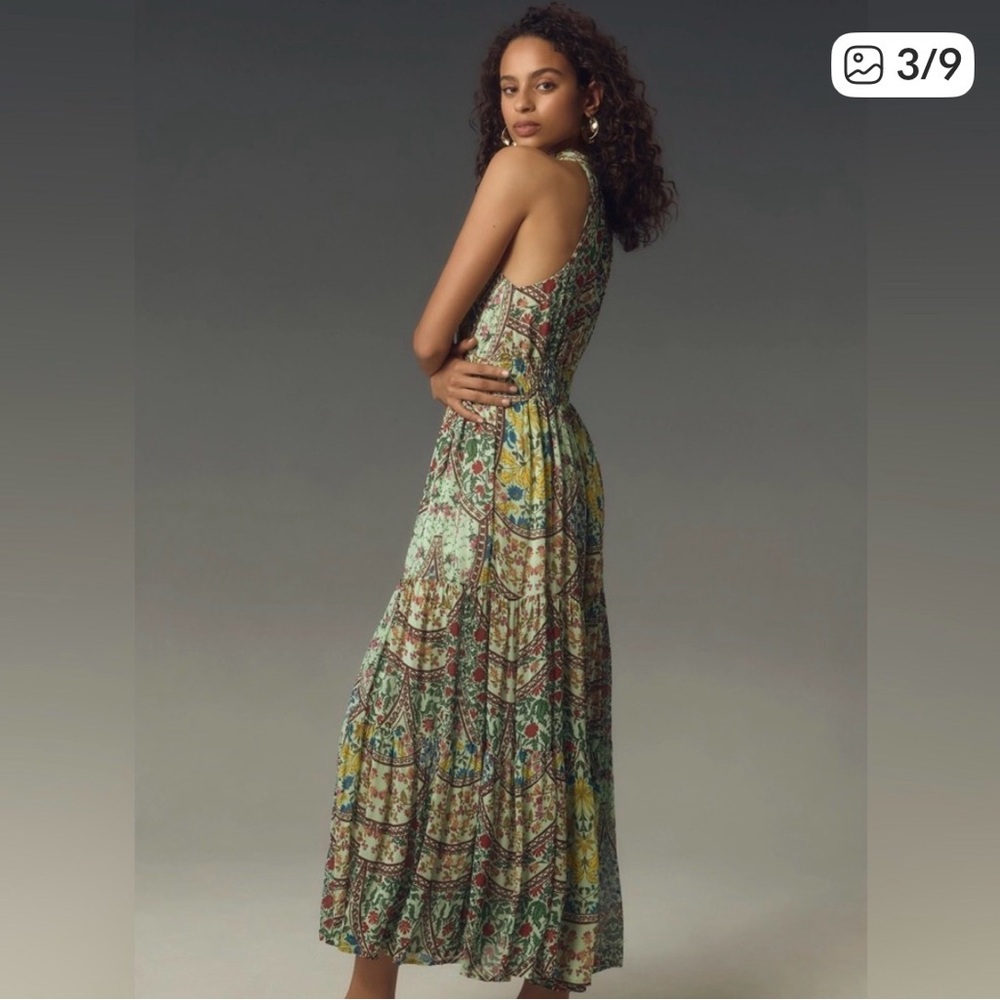 2xHP!! NWT Anthropologie Somerset Maxi Halter Edition Green Floral Motif Large - Picture 2 of 7